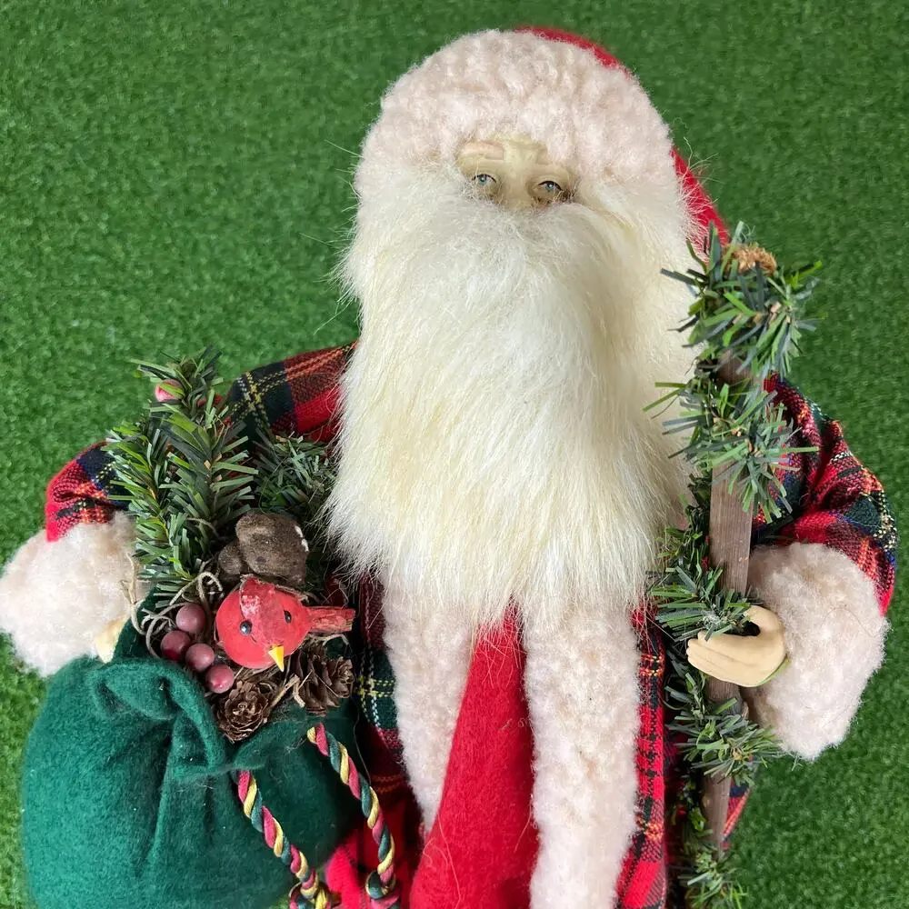 VTG Holiday Workshop Tartan Plaid Santa Porcelain Face & Hands Wooden Stand 18